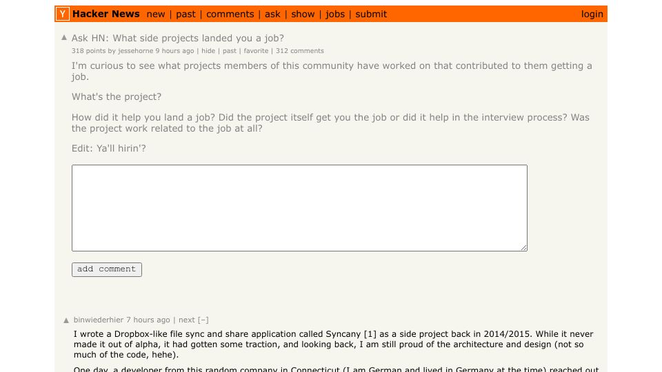 Screenshot of Hacker News post: Ask HN: What side projects landed you a job?