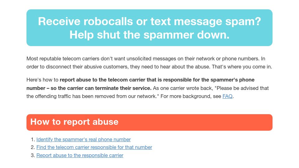 Screenshot of reportphonespam.org: Report Phone Spam – Shut down robocallers and text spammers