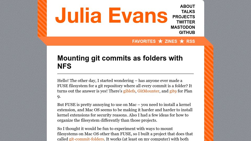 Screenshot of jvns.ca: Mounting Git commits as folders with NFS