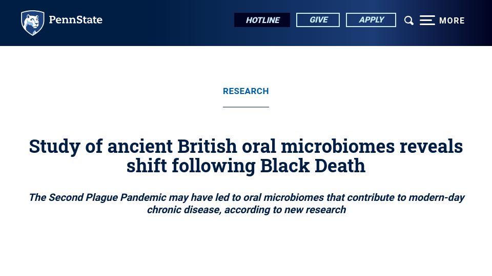 Screenshot of psu.edu: Study of ancient British oral microbiomes reveals shift following Black Death