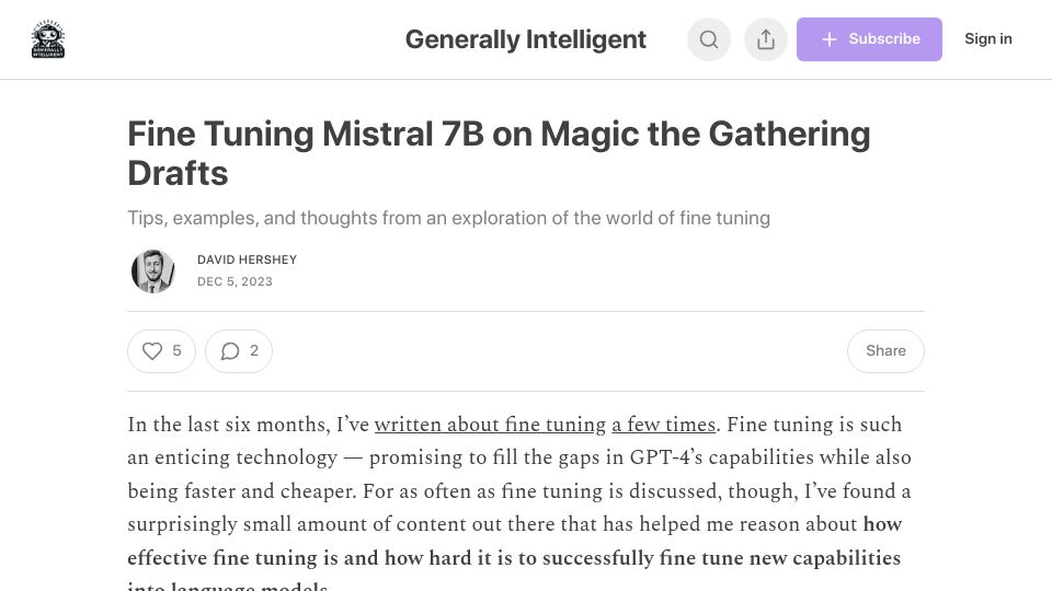 Screenshot of generallyintelligent.substack.com: Fine-tuning Mistral 7B on Magic the Gathering Draft