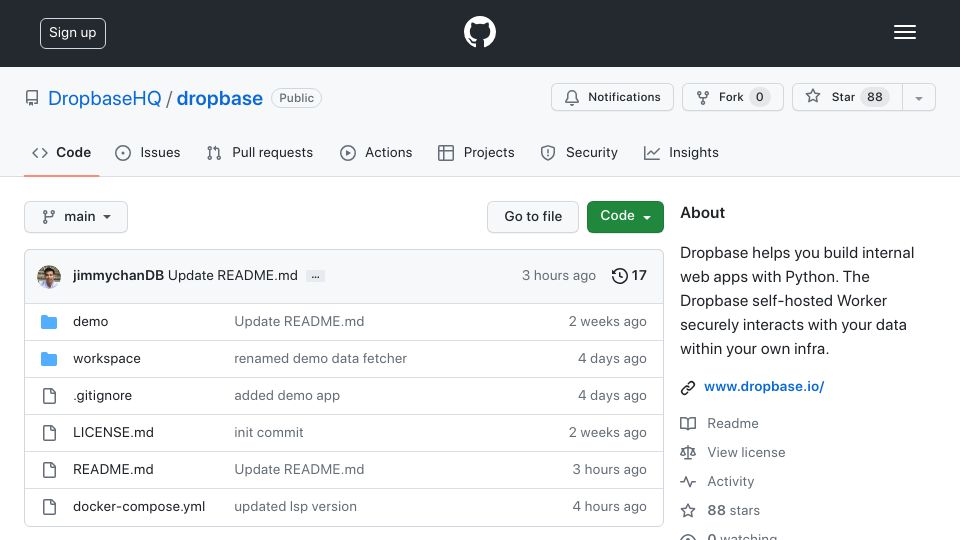 Screenshot of github.com: Show HN: Dropbase – Build internal web apps with just Python