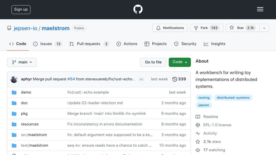 Screenshot of github.com: Maelstrom: A workbench for learning distributed systems
