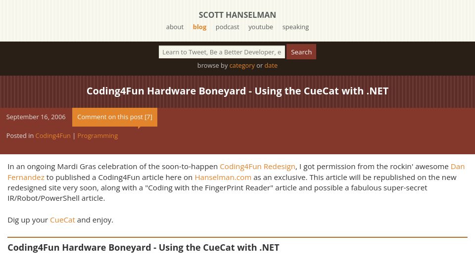 Screenshot of hanselman.com: Coding4Fun Hardware Boneyard – Using the CueCat with .NET (2006)