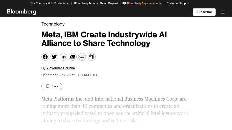 Screenshot of bloomberg.com: Meta, IBM Create Industrywide AI Alliance to Share Technology