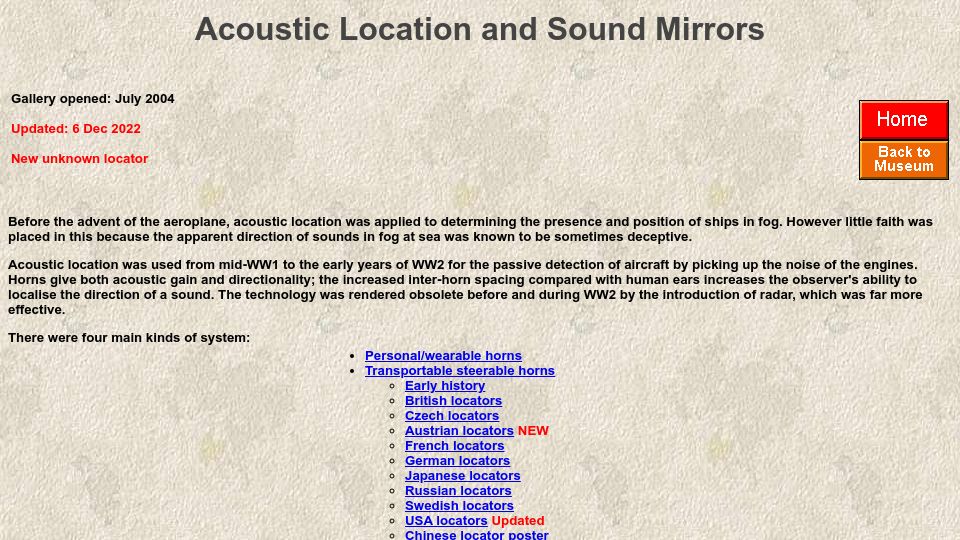 Screenshot of douglas-self.com: Acoustic Location and Sound Mirrors (2004)