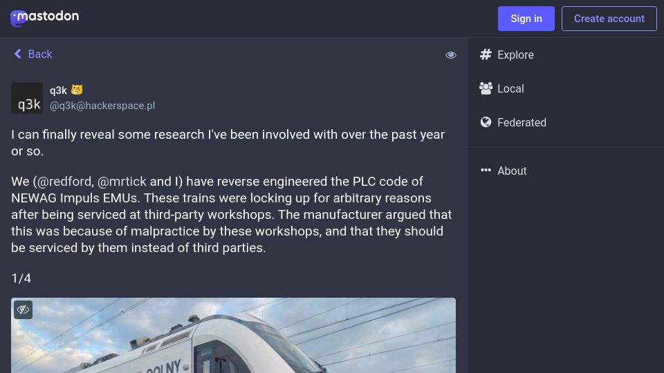 Screenshot of social.hackerspace.pl: Polish trains lock up when serviced in third-party workshops