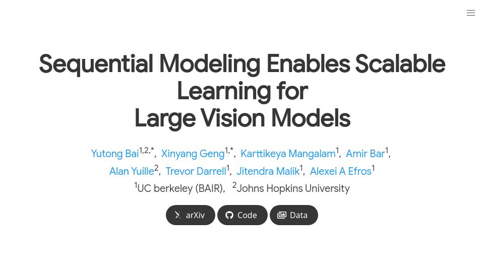 Screenshot of yutongbai.com: Sequential modeling enables scalable learning for  large vision models