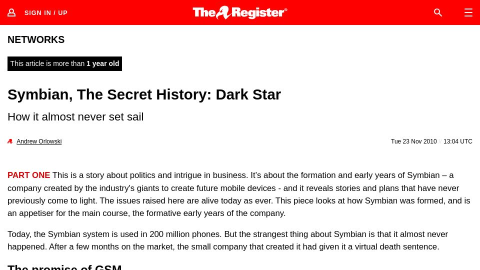 Screenshot of theregister.com: The formation and early years of Symbian: Dark Star (2010)