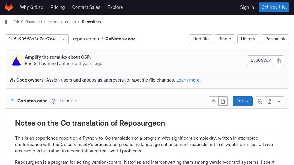 Screenshot of gitlab.com: Notes on Python to Go Translation of reposurgeon (2018)