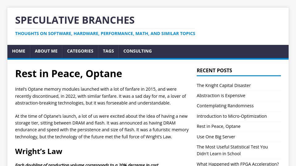 Screenshot of specbranch.com: Rest in Peace, Optane