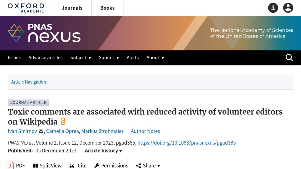 Screenshot of academic.oup.com: Toxic comments are associated with reduced volunteer activity on Wikipedia