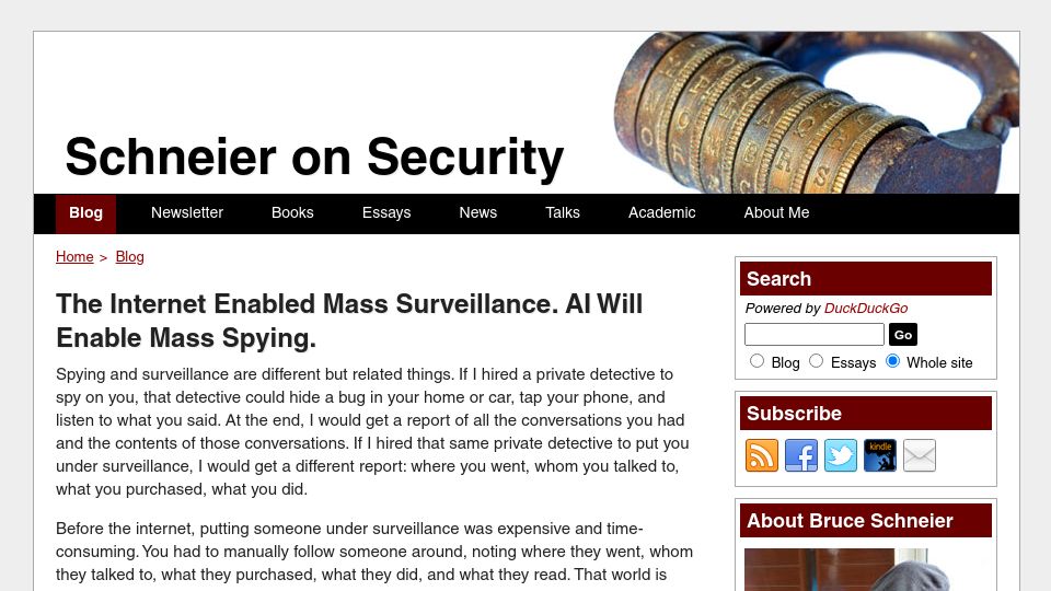 Screenshot of schneier.com: AI and Mass Spying