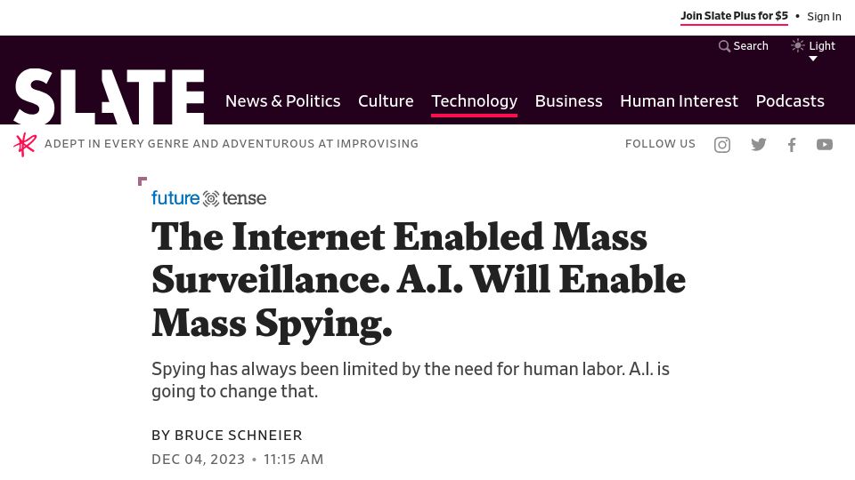 Screenshot of slate.com: The Internet Enabled Mass Surveillance. A.I. Will Enable Mass Spying