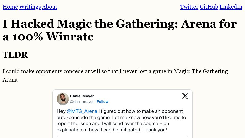 Screenshot of mayer.cool: I hacked Magic the Gathering: Arena for a 100% win rate