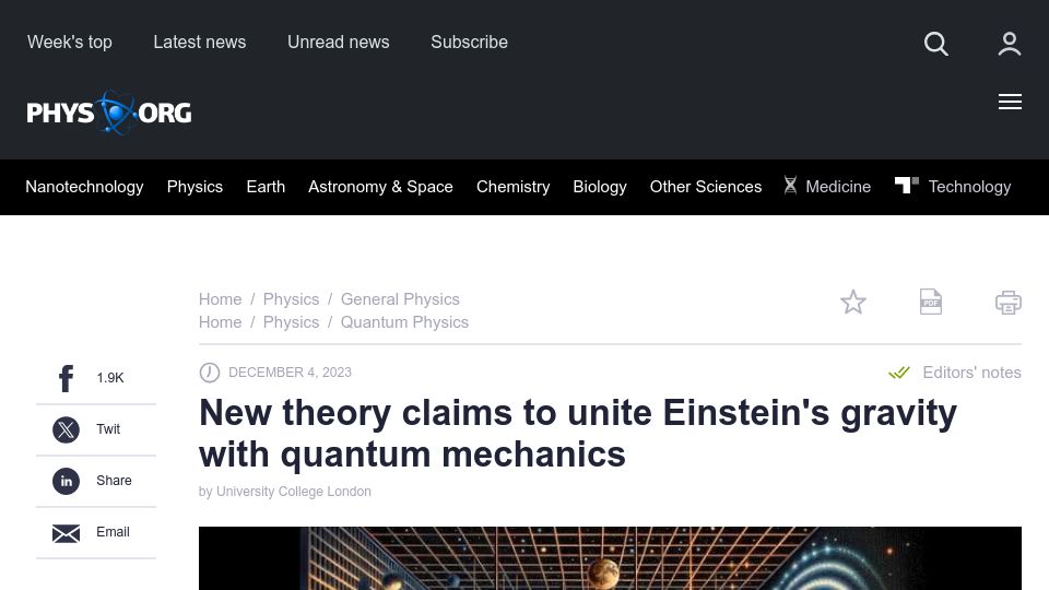 Screenshot of phys.org: New theory claims to unite Einstein's gravity with quantum mechanics