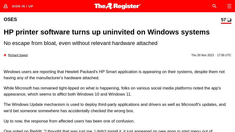 Screenshot of theregister.com: Windows users report appearance of unwanted HP app