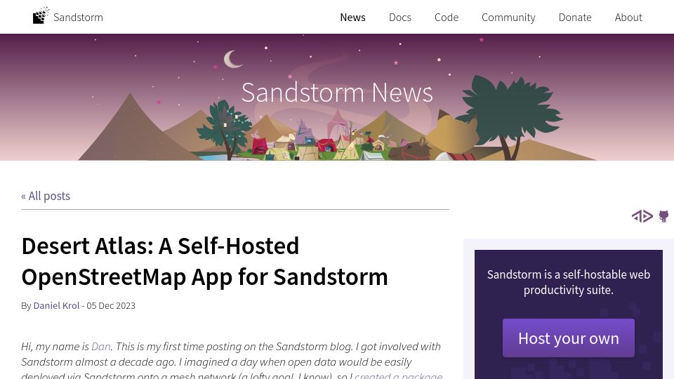 Screenshot of sandstorm.org: Show HN: Desert Atlas, a self-hosted OpenStreetMap app for Sandstorm