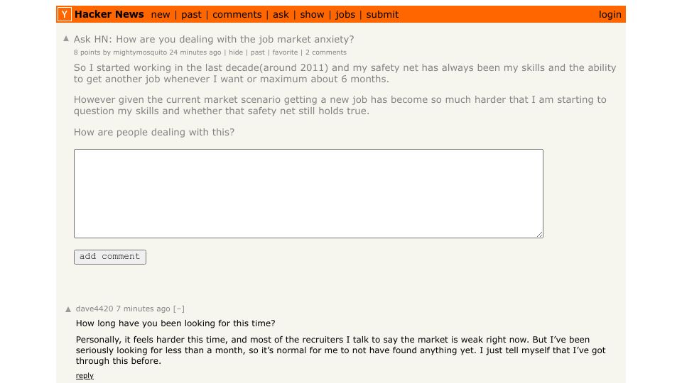 Screenshot of Hacker News post: Ask HN: How are you dealing with the job market anxiety?