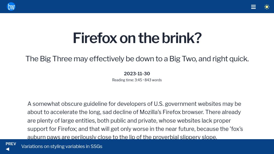 Screenshot of brycewray.com: Firefox on the brink?