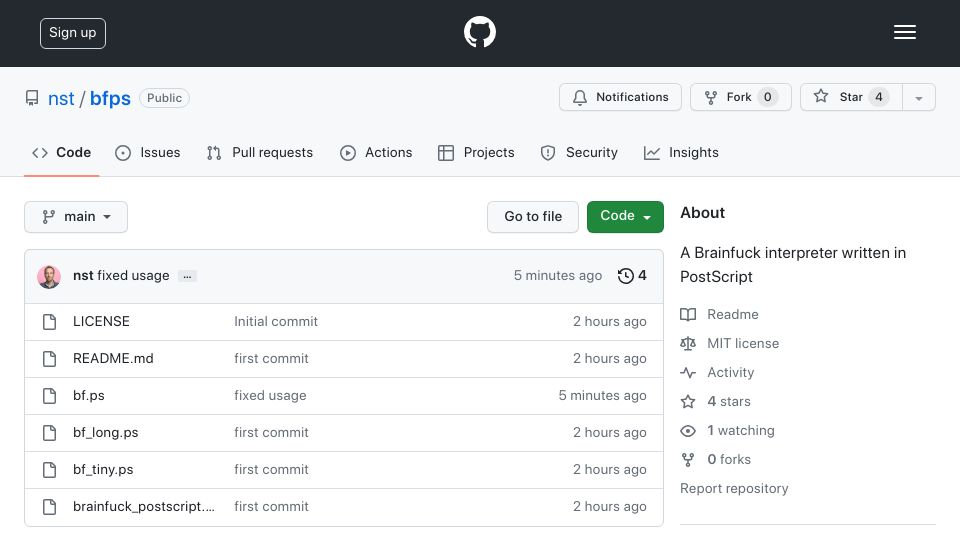 Screenshot of github.com: A Brainfuck interpreter written in PostScript