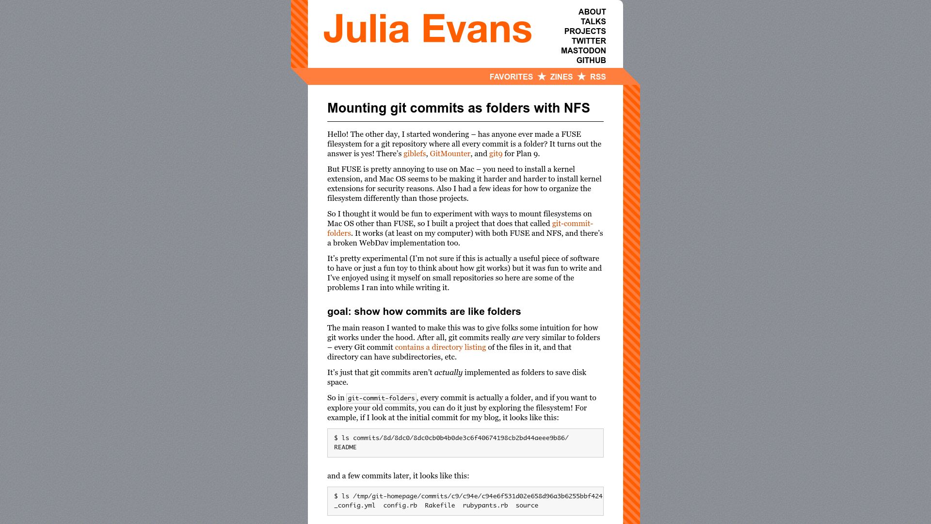 Screenshot of jvns.ca: Mounting Git commits as folders with NFS
