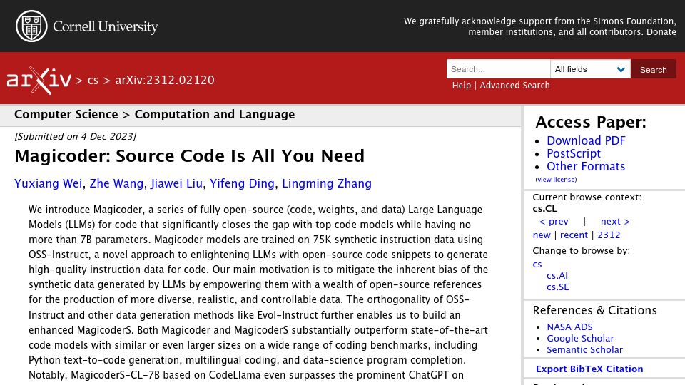 Screenshot of arxiv.org: Magicoder: Source Code Is All You Need