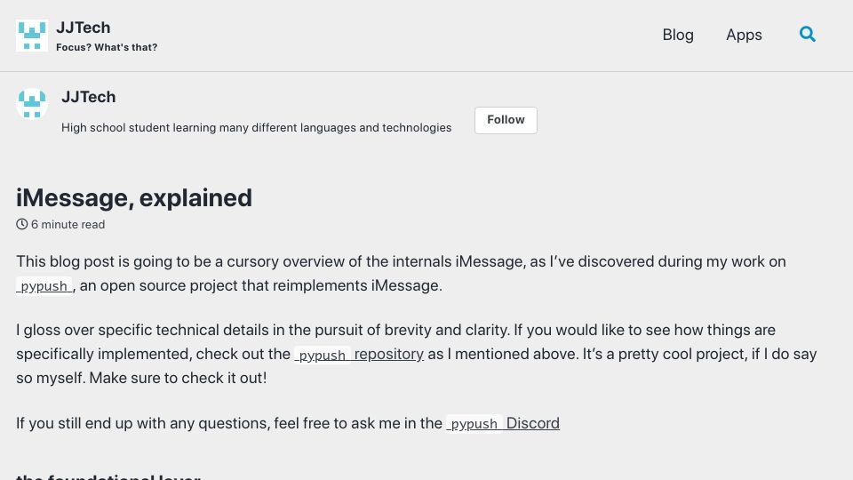 Screenshot of jjtech.dev: iMessage, explained