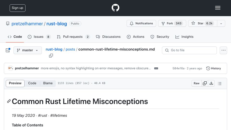 Screenshot of github.com: Common Rust Lifetime Misconceptions (2020)