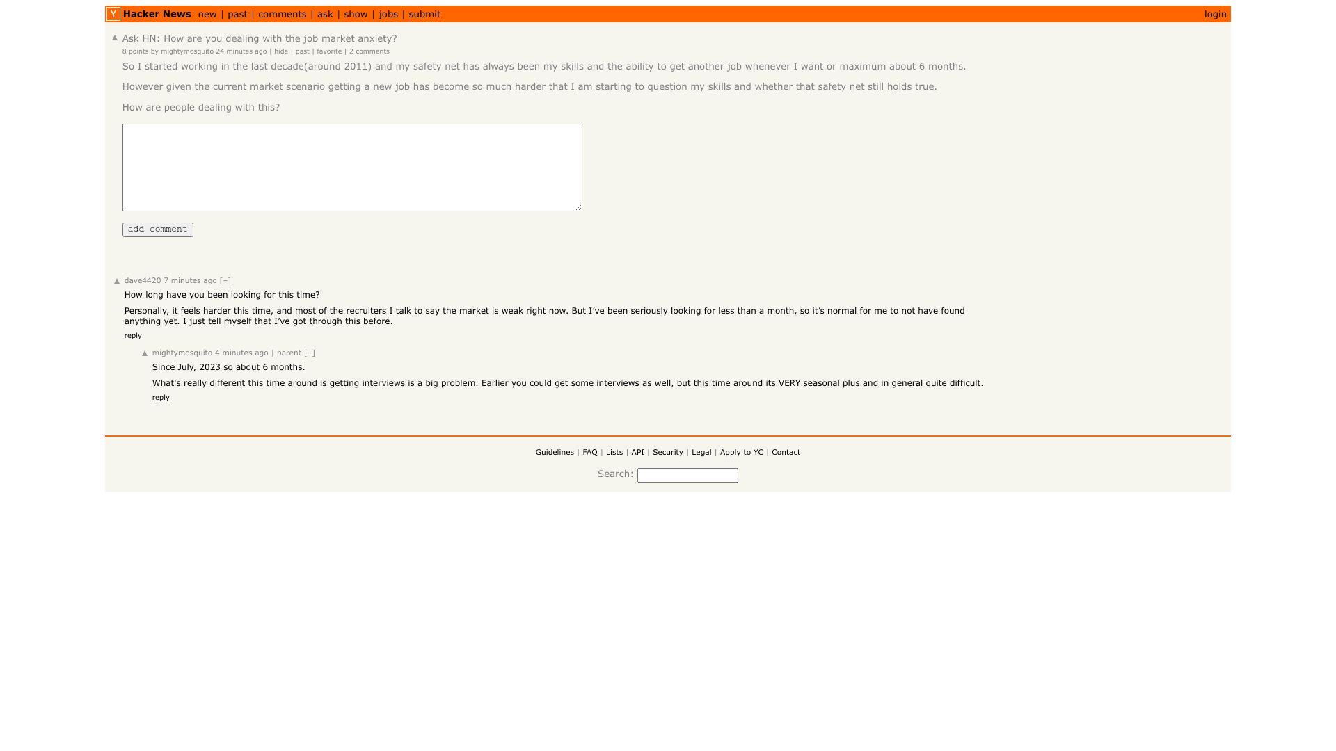 Screenshot of this Hacker News post: Ask HN: How are you dealing with the job market anxiety?