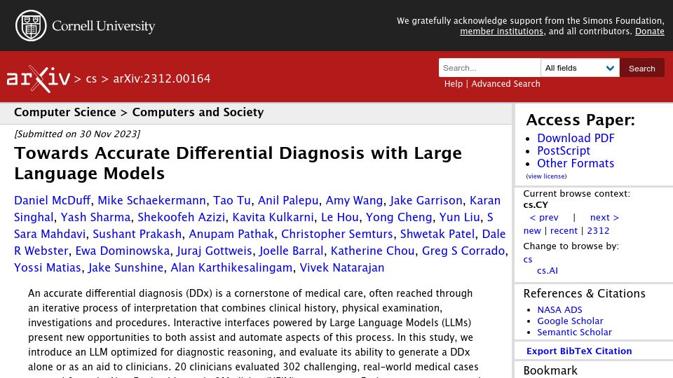 Screenshot of arxiv.org: Towards accurate differential diagnosis with large language models