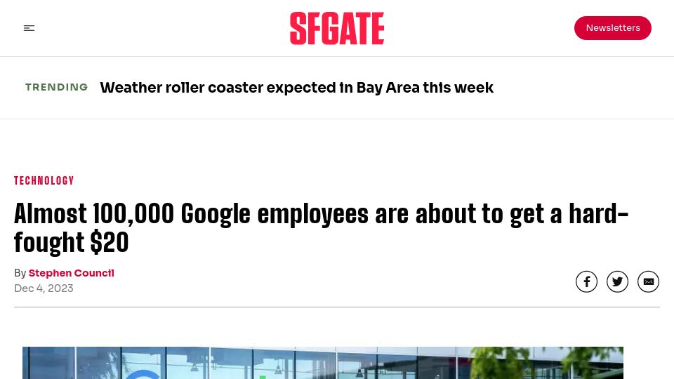 Screenshot of sfgate.com: Almost 100k Google employees are about to get a hard-fought $20