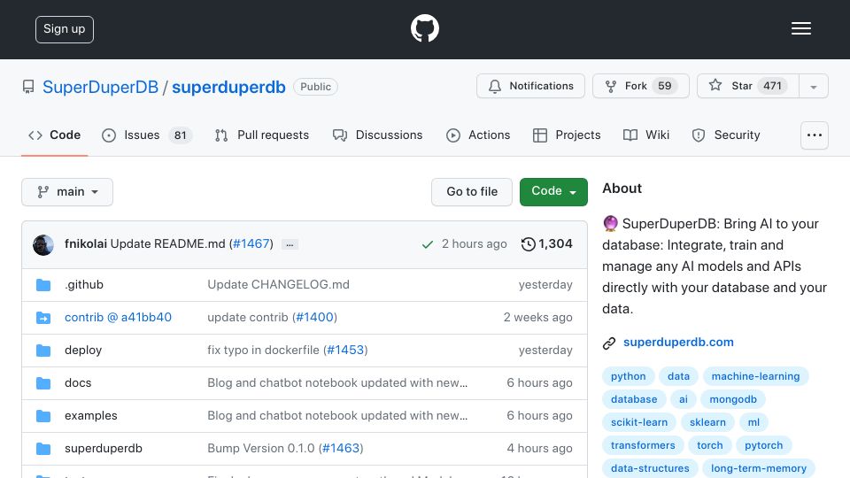 Screenshot of github.com: Show HN: SuperDuperDB – Open-source framework for integrating AI with databases