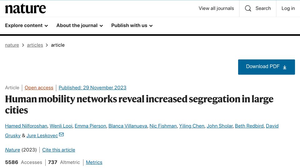 Screenshot of nature.com: Human mobility networks reveal increased segregation in large cities