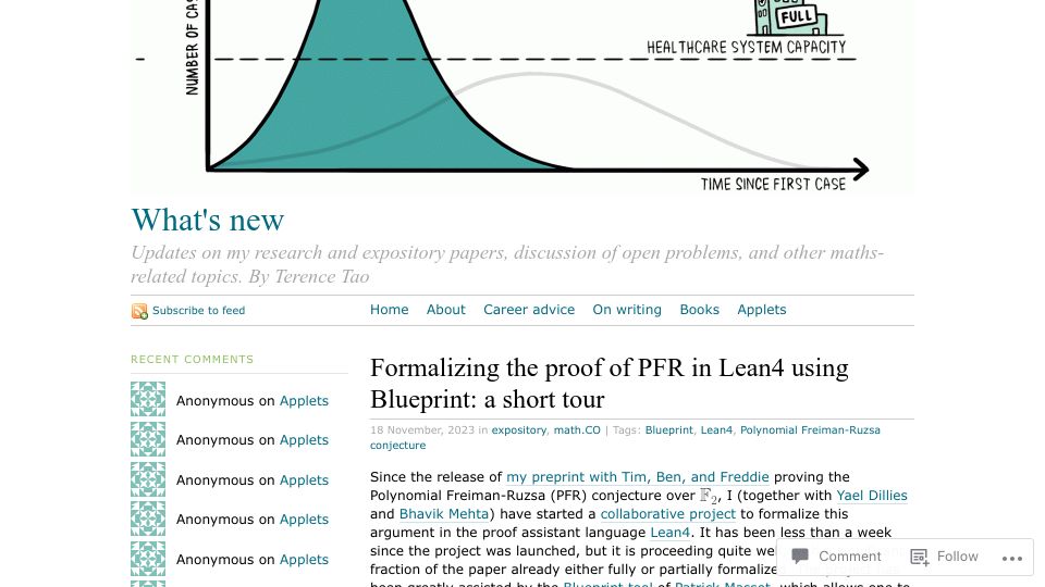 Screenshot of terrytao.wordpress.com: Formalizing the proof of PFR in Lean4 using Blueprint: a short tour