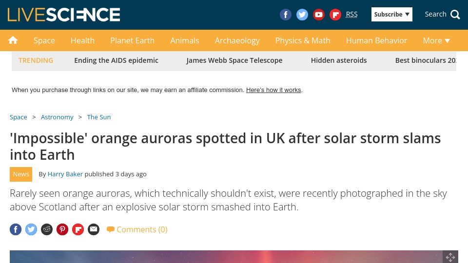 Screenshot of livescience.com: 'Impossible' orange auroras spotted in UK after solar storm slams into Earth