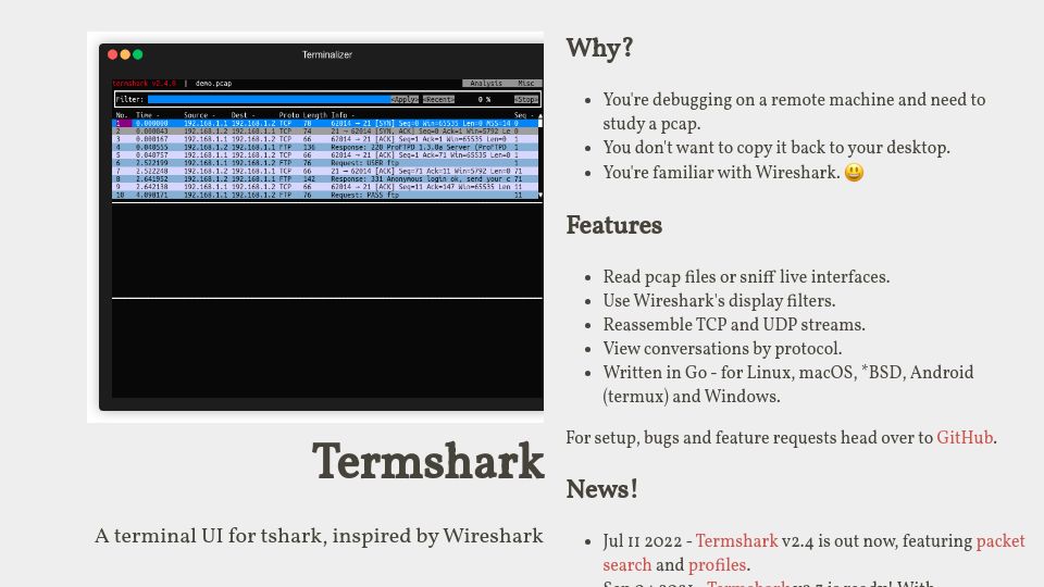 Screenshot of termshark.io: Termshark – A terminal UI for tshark, inspired by Wireshark