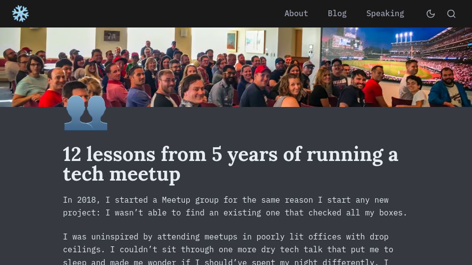 Screenshot of davekiss.com: Lessons from 5 years of running a tech meetup