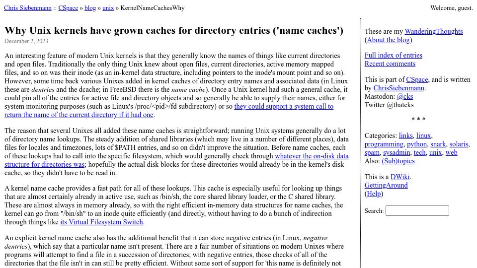 Screenshot of utcc.utoronto.ca: Why Unix kernels have grown caches for directory entries ('name caches')