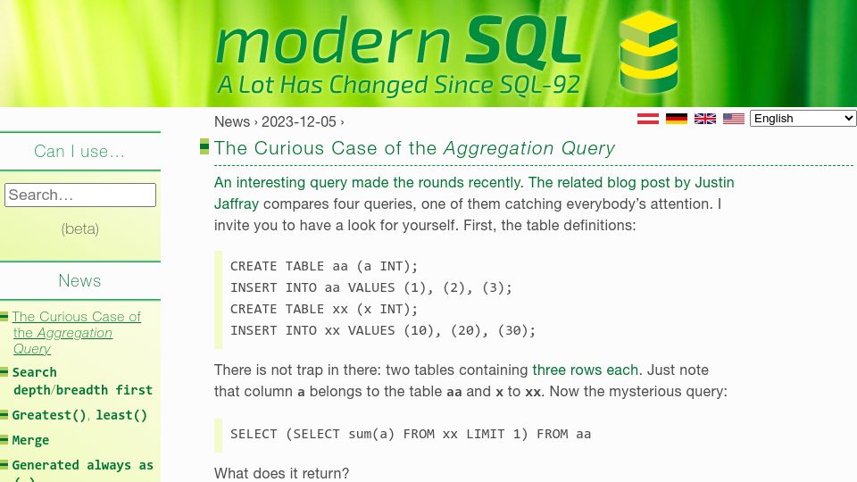 Screenshot of modern-sql.com: The curious case of the aggregation query