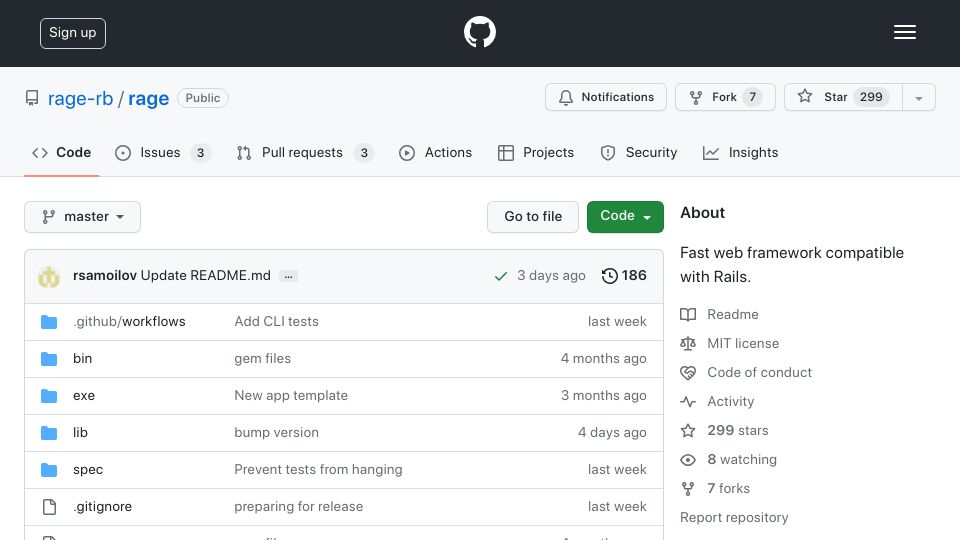 Screenshot of github.com: Rage: Fast web framework compatible with Rails