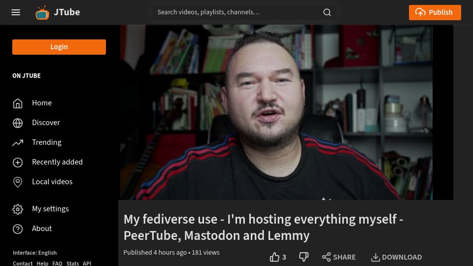 Screenshot of tube.jeena.net: My Fediverse use – I'm hosting everything myself – PeerTube, Mastodon and Lemmy