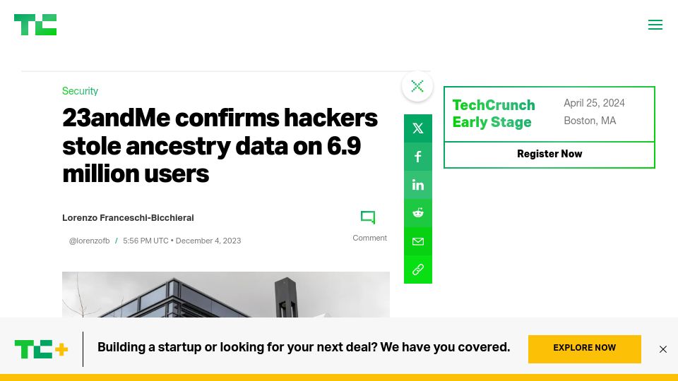 Screenshot of techcrunch.com: 23andMe confirms hackers stole ancestry data on 6.9M users