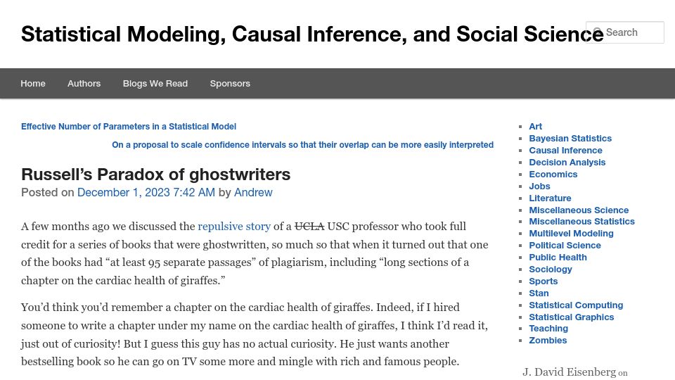 Screenshot of statmodeling.stat.columbia.edu: Russell's Paradox of ghostwriters
