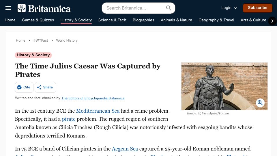 Screenshot of britannica.com: According to Plutarch, Julius Caesar was once captured by pirates
