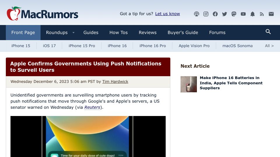 Screenshot of macrumors.com: Apple Confirms Governments Using Push Notifications to Surveil Users