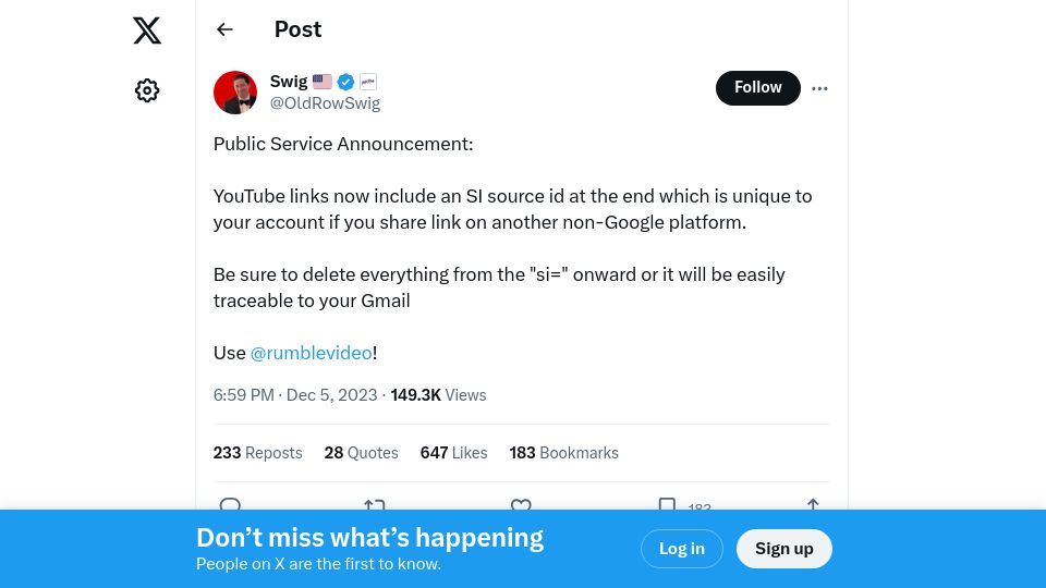 Screenshot of twitter.com: Report: YouTube adding user-traceable ID tag to links shared off-platform