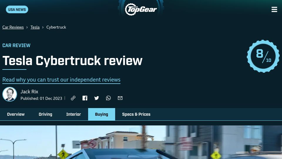 Screenshot of topgear.com: Tesla (VP Vehicle Engineering) says Cybertruck likely to not make it to Europe