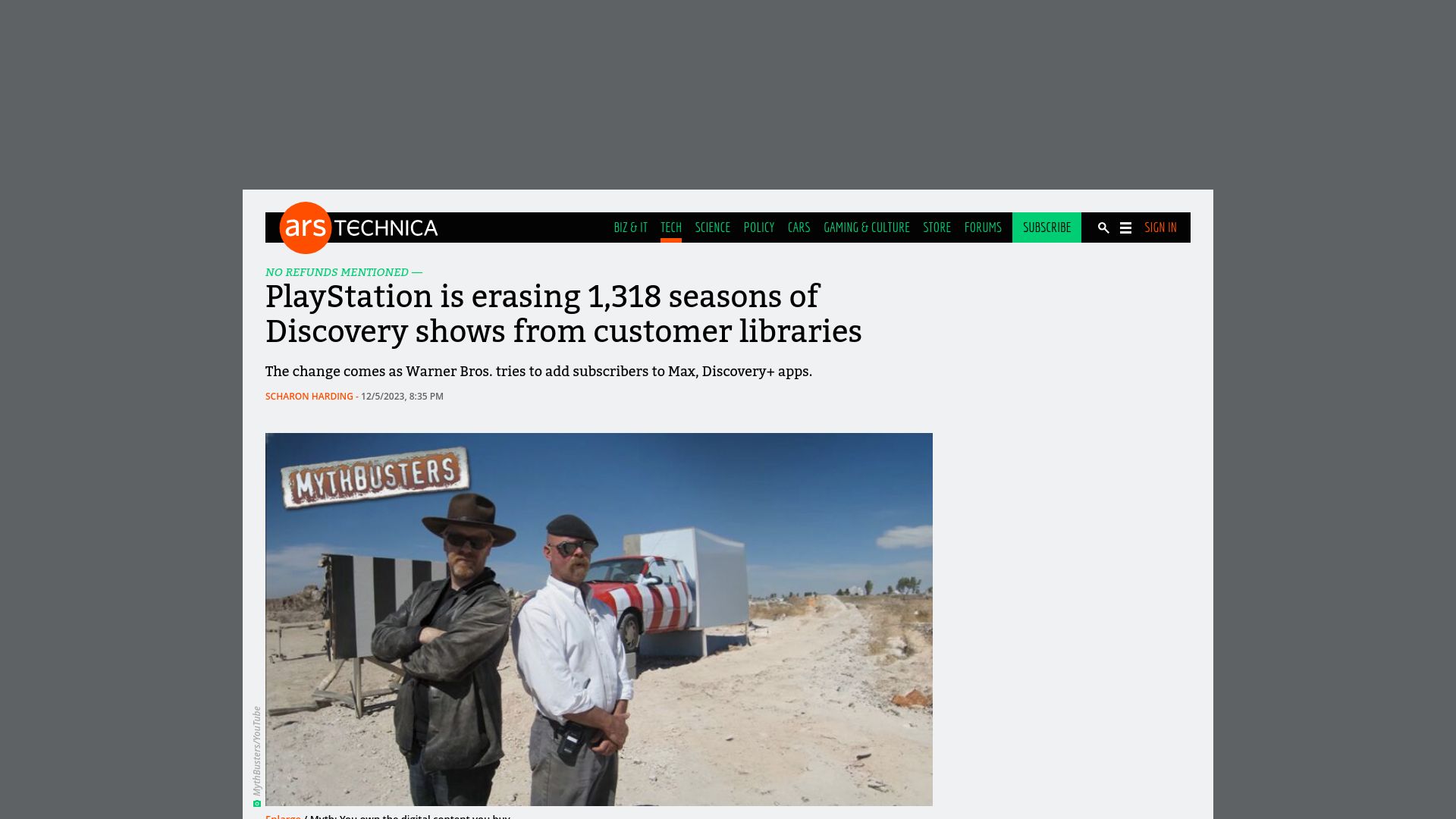 Screenshot of arstechnica.com: Playstation is erasing 1,318 seasons of Discovery shows from customer libraries