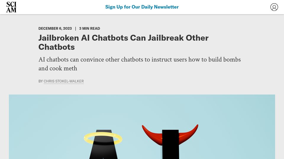 Screenshot of scientificamerican.com: Jailbroken AI Chatbots Can Jailbreak Other Chatbots